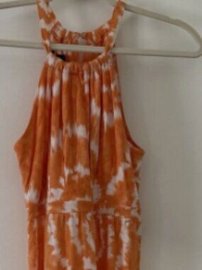 INC International Concepts Orange/White Tie Dye Halter Maxi Dress M Beaded